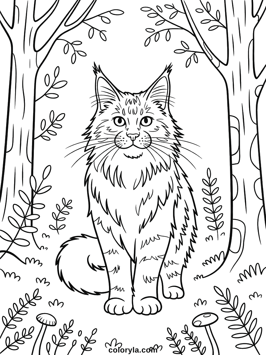 Standing among tree trunks and ferns with tufted ears and a heavy plumed tail, a detailed Maine Coon coloring page in A4.
