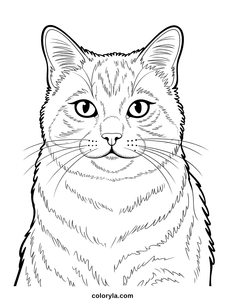Cut at the shoulders with fur drawn hair by hair and tabby markings up between the eyes, a realistic cat coloring page in A4.