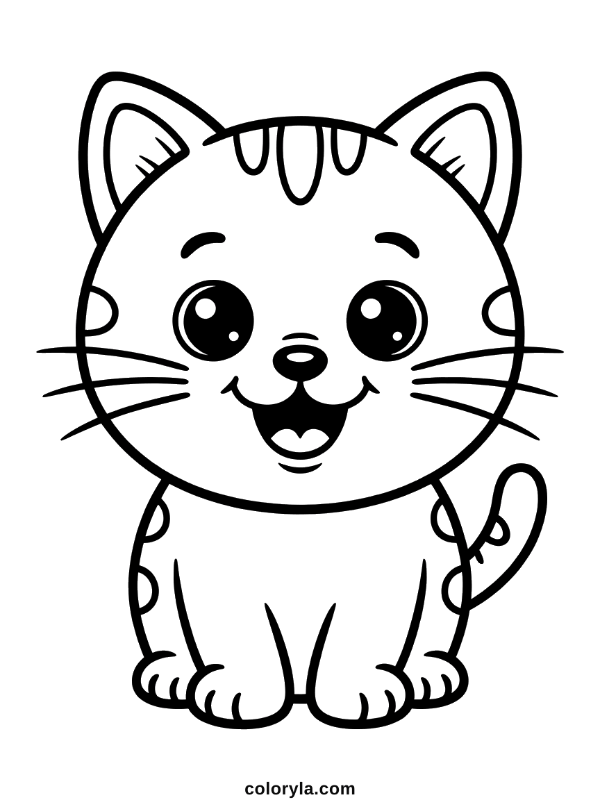 A sitting cat with an open smile and spots on its back, drawn in very thick lines, an easy cat coloring page free in A4.