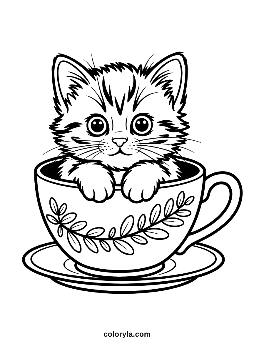 Sitting inside a decorated teacup on its saucer with both paws over the rim, a tiny kitten coloring page free in A4.
