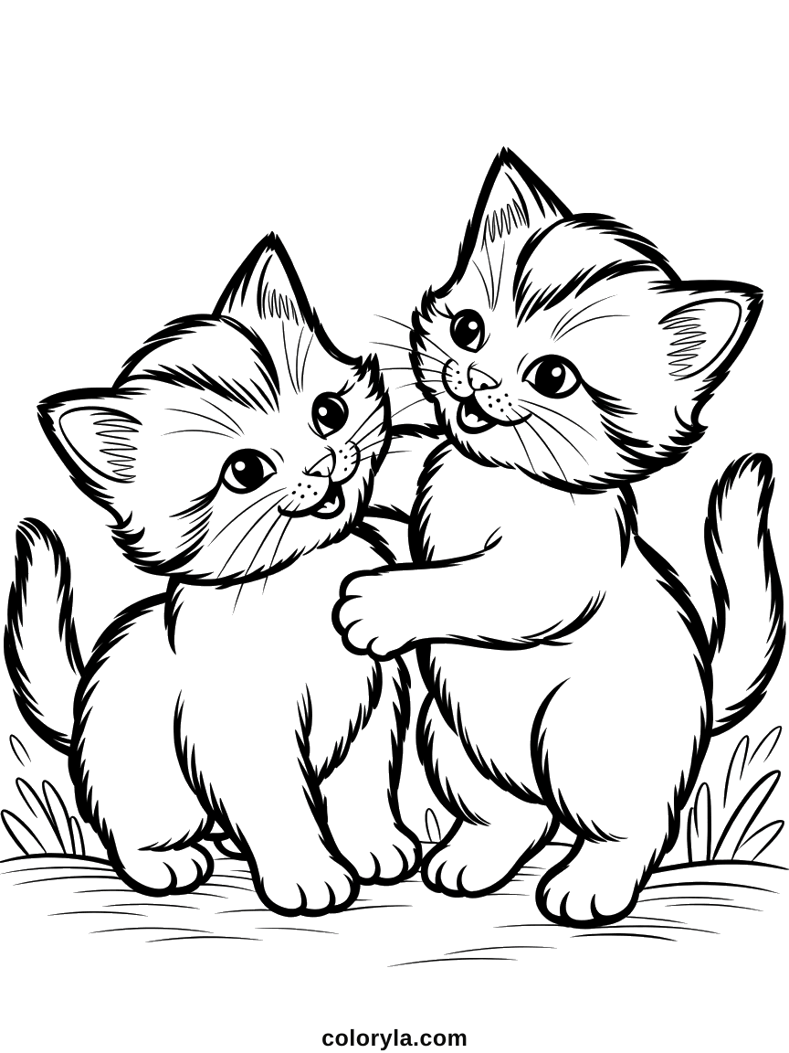 Wrestling together with one paw hooked over the other's shoulder, two striped kittens in a free coloring page in A4.