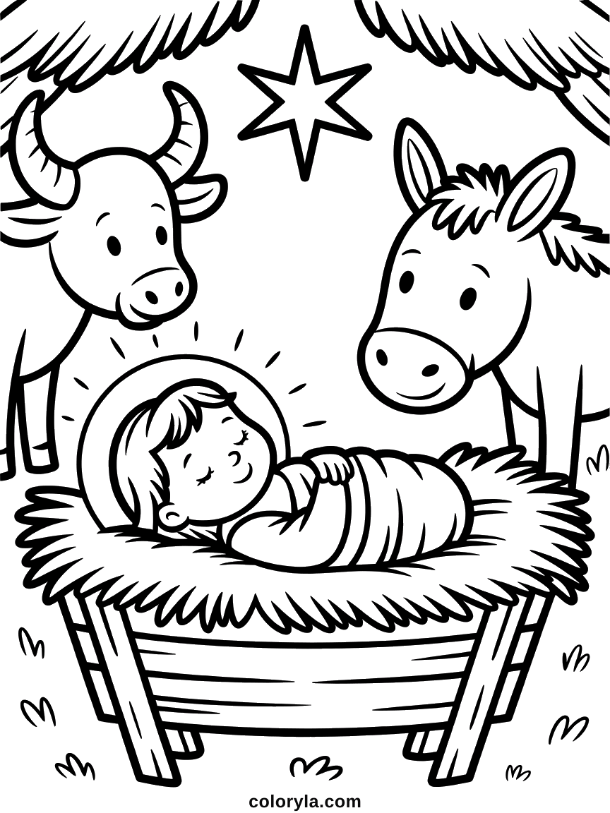 The baby Jesus asleep in a straw manger with an ox and a donkey leaning over him under a star, free nativity coloring page in A4.