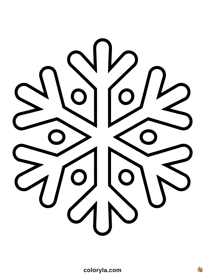 One very large snowflake with six wide arms drawn in thick outlines, an easy winter coloring page free to print in A4.