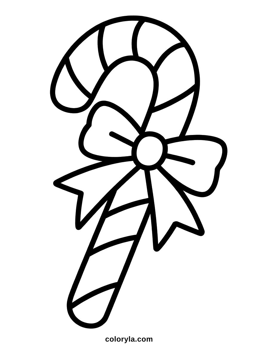 A large red and white striped candy cane tied with a wide ribbon bow, a simple Christmas coloring page free to print in A4.