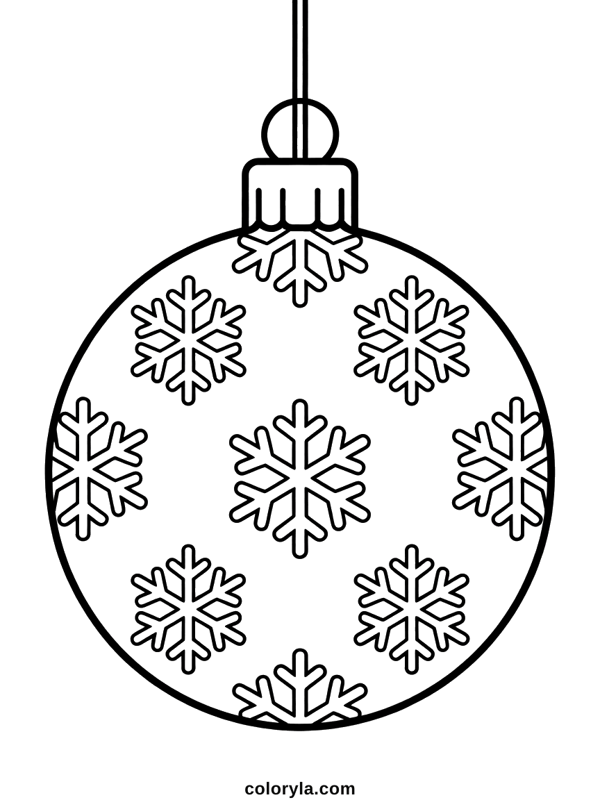 A large hanging Christmas bauble covered with snowflakes of different sizes, a free coloring page to print in A4.