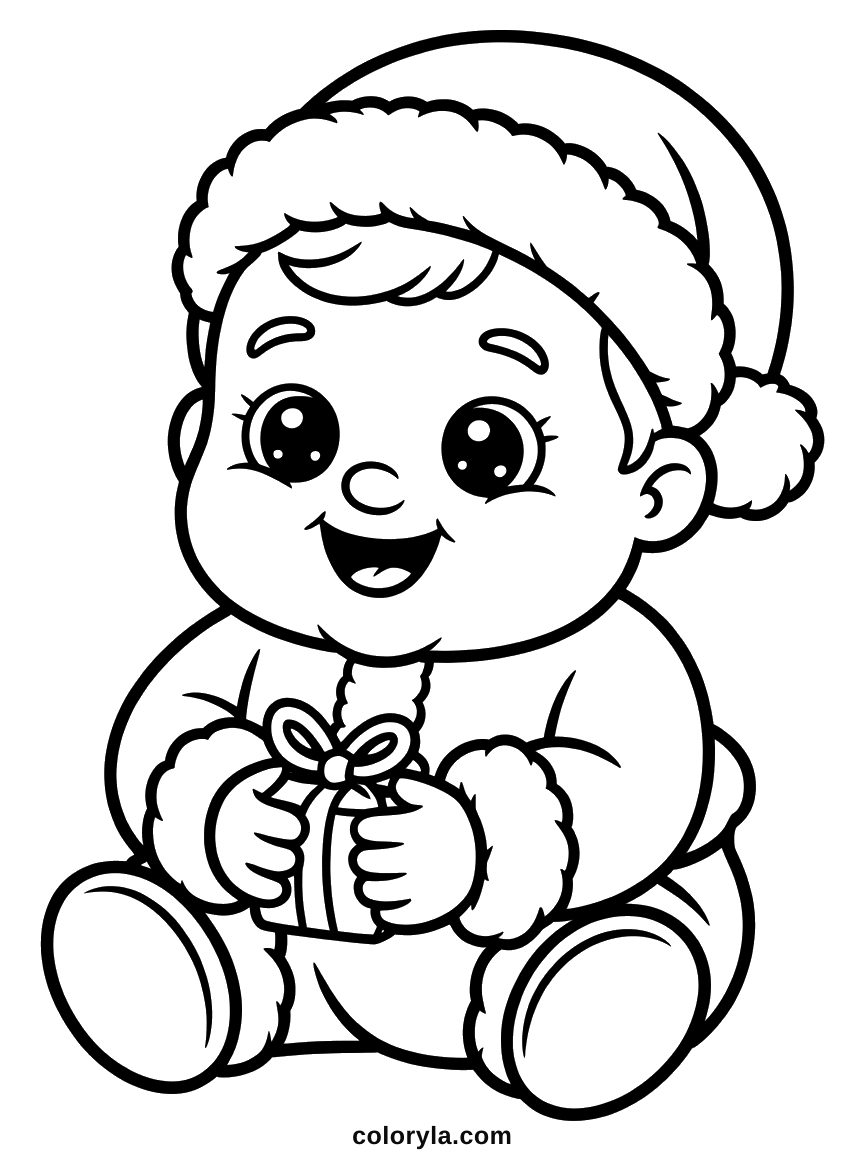 A smiling baby in a Santa hat and suit holding a small wrapped present, a cute Christmas coloring page free to print in A4.