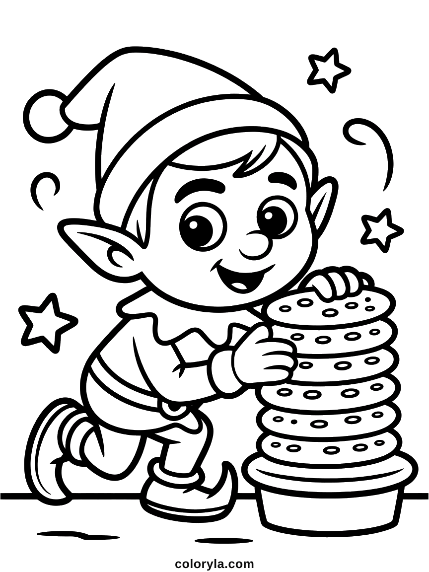A Christmas elf kneeling to take a cookie from a tall stack in a bowl, stars floating around him, free coloring page in A4.