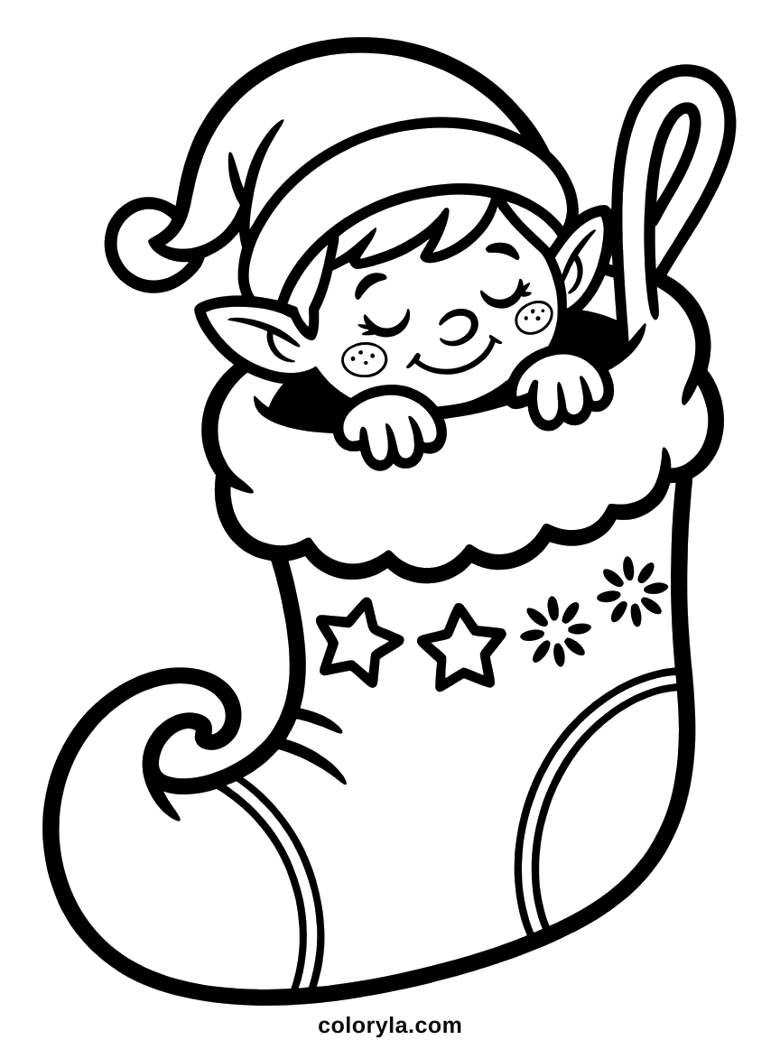 A Christmas elf asleep inside a large stocking decorated with stars and snowflakes, a candy cane beside him, free A4 coloring page.