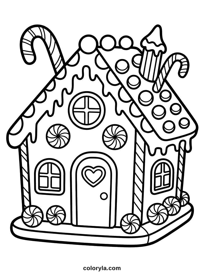 A gingerbread house with an icing roof, candy cane posts and swirl sweets on the walls, a free Christmas coloring page in A4.