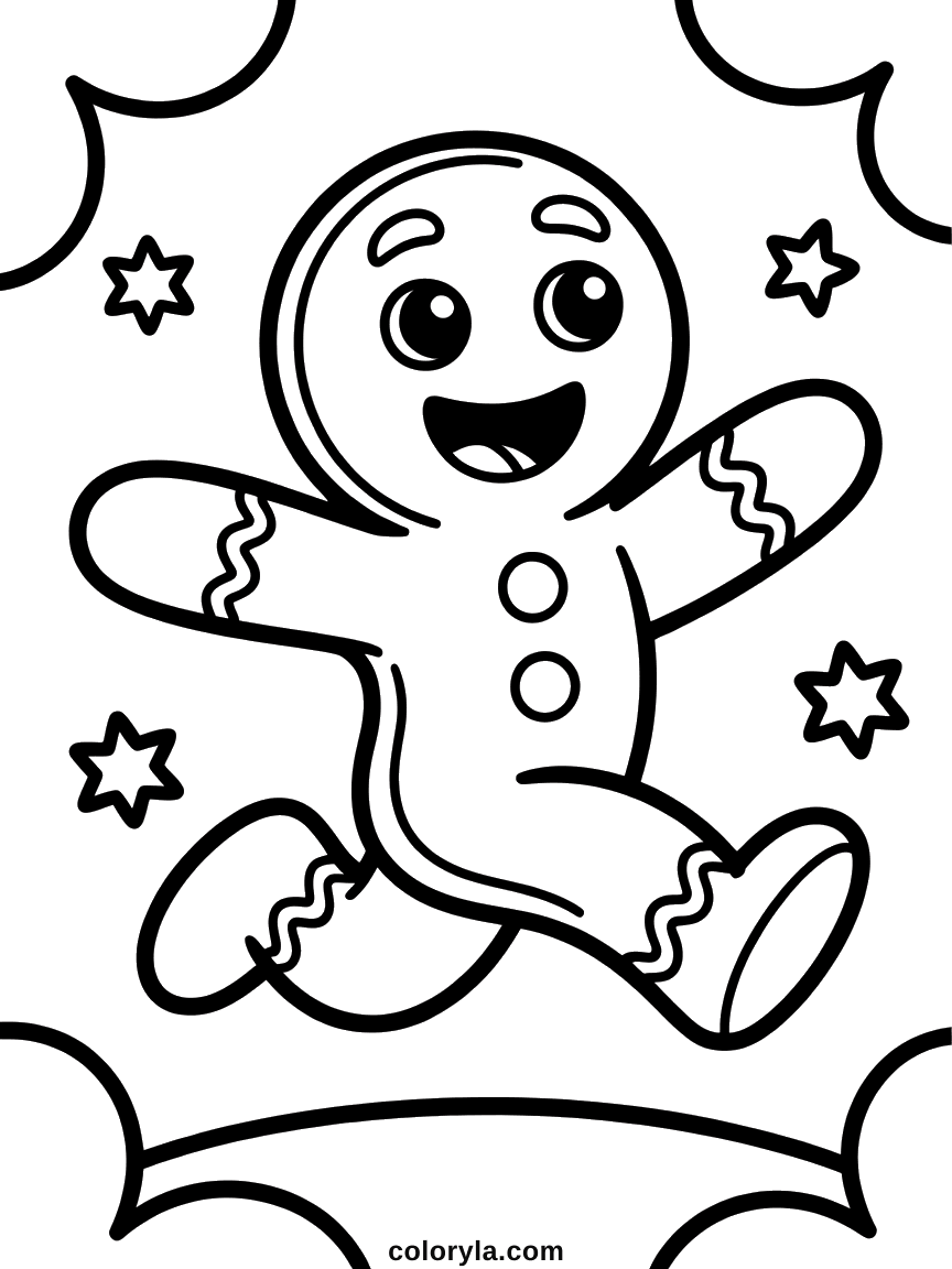 A smiling gingerbread man running with his arms out and stars around him, a free Christmas coloring page to print in A4.