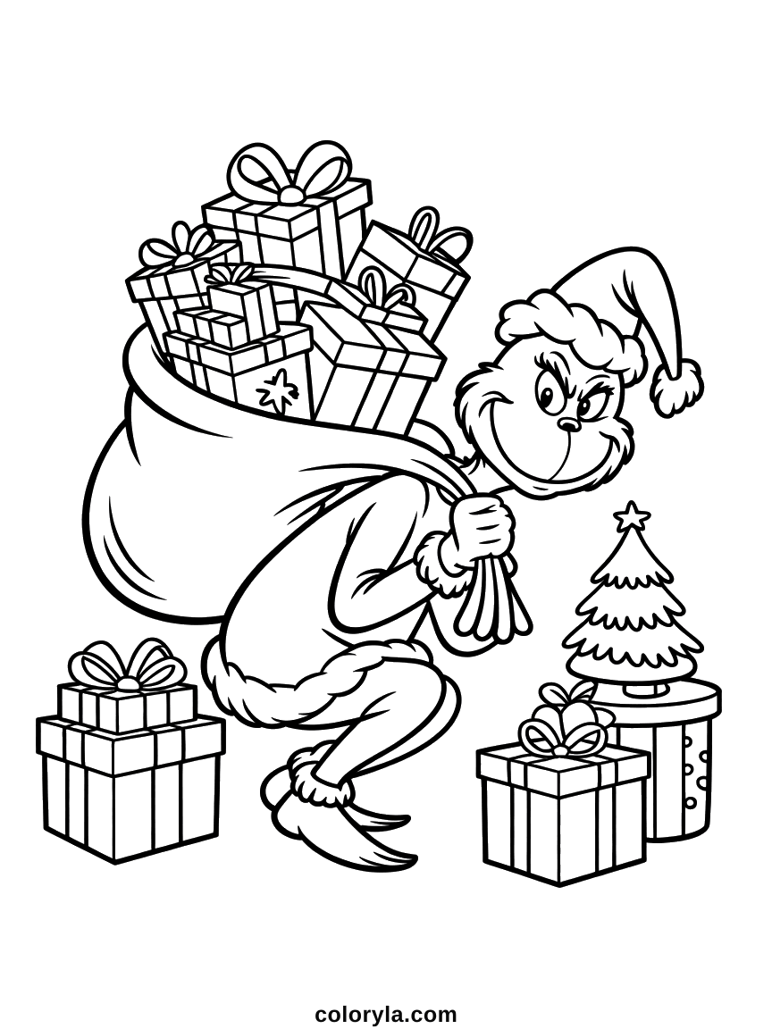 The Grinch in a Santa suit dragging a sack stuffed with presents past a small tree, a free Christmas coloring page in A4.