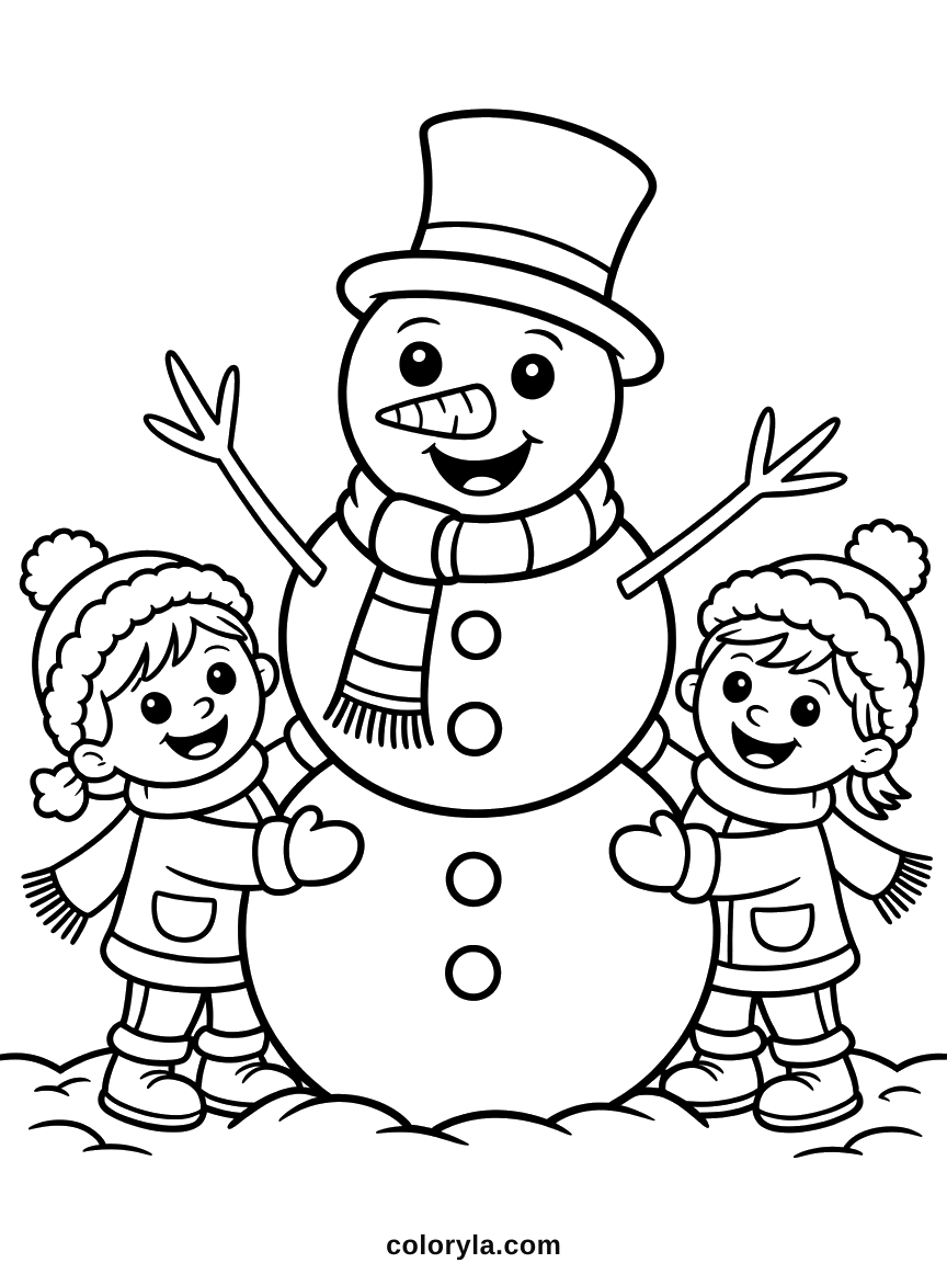 Two children in hats and scarves standing either side of a tall snowman in a top hat, free winter coloring page to print in A4.