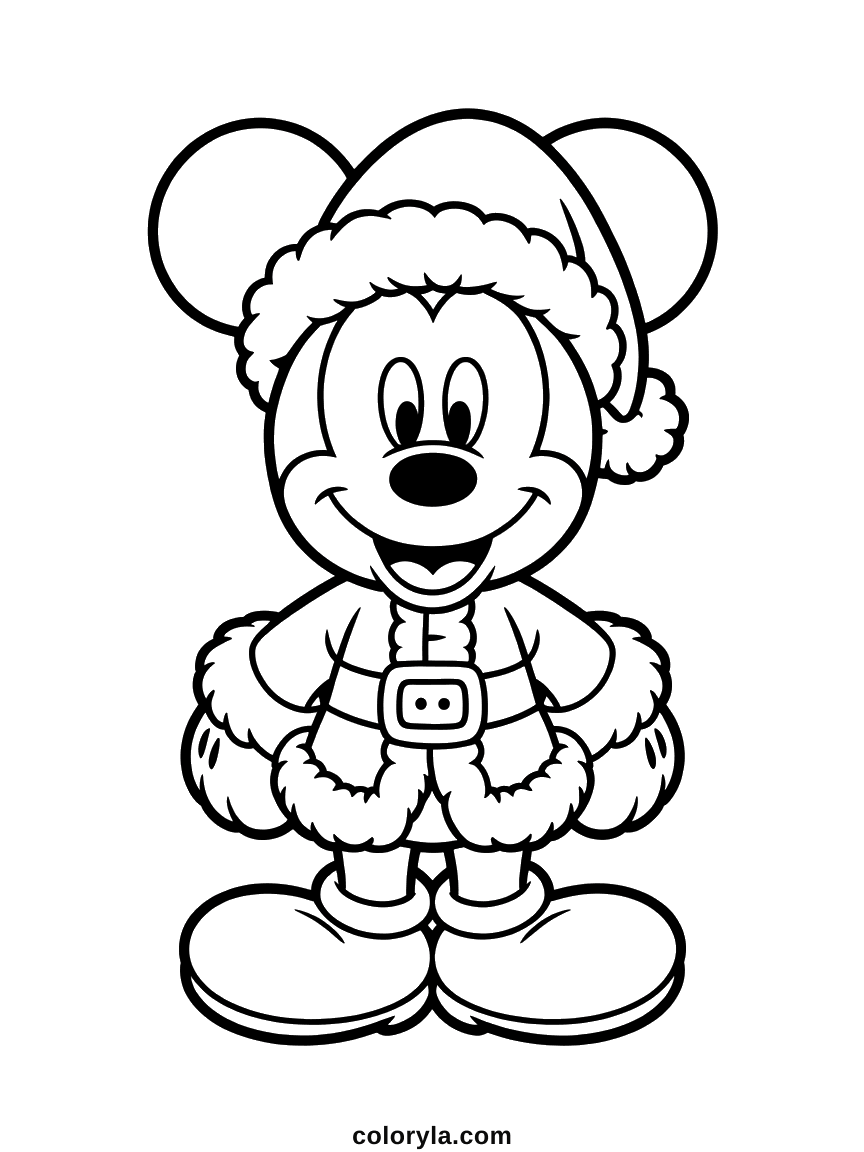 Mickey Mouse standing in a Santa hat and trimmed coat with his hands together, a free Christmas coloring page to print in A4.