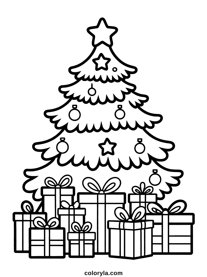 A decorated Christmas tree with a heap of ribboned gift boxes piled at its foot, a free coloring page to print in A4.