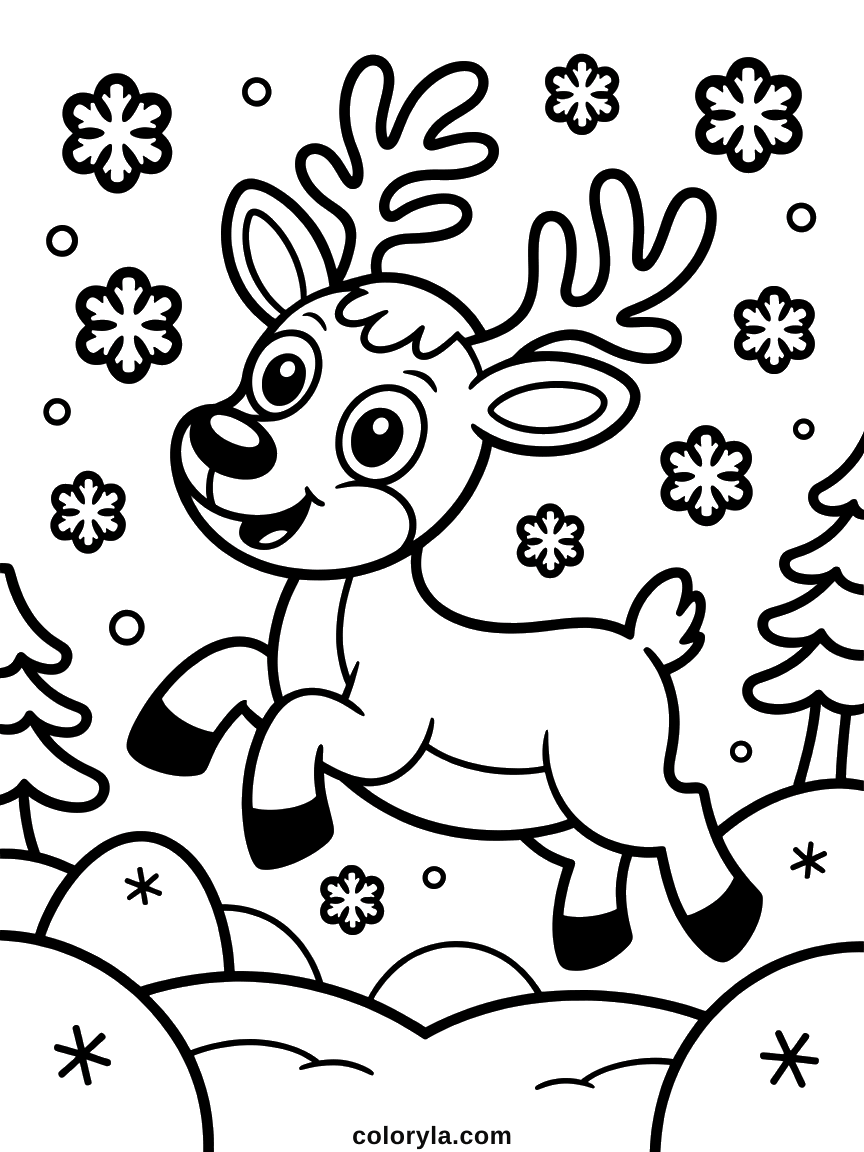 A young reindeer leaping among falling snowflakes with snowy hills and small firs behind, free Christmas coloring page in A4.