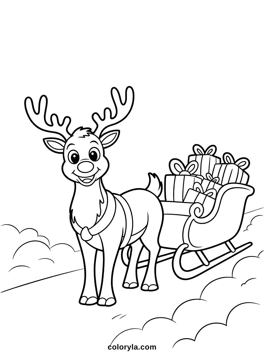 A reindeer in harness pulling a sleigh loaded with presents across the snow, a free Christmas coloring page to print in A4.