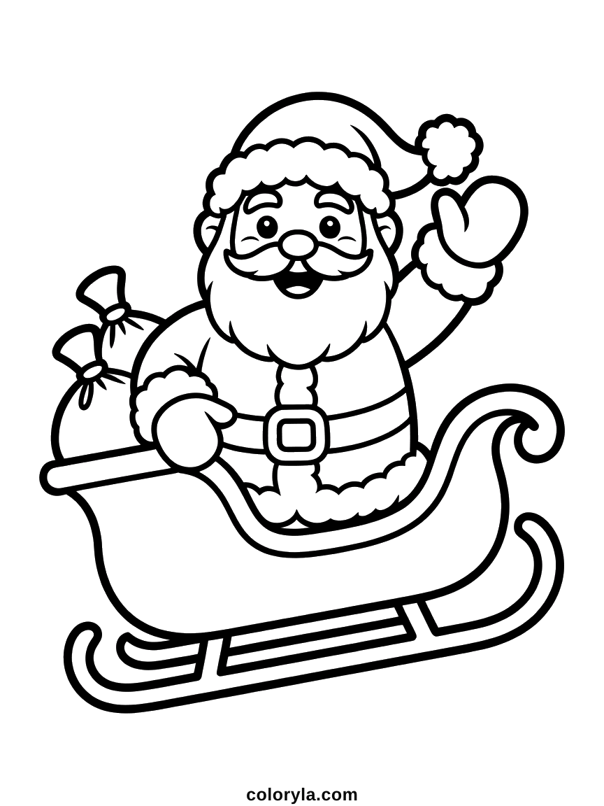 Santa sitting in a curved sleigh with his sack of toys, one hand raised in a wave, a Christmas coloring page free on A4.