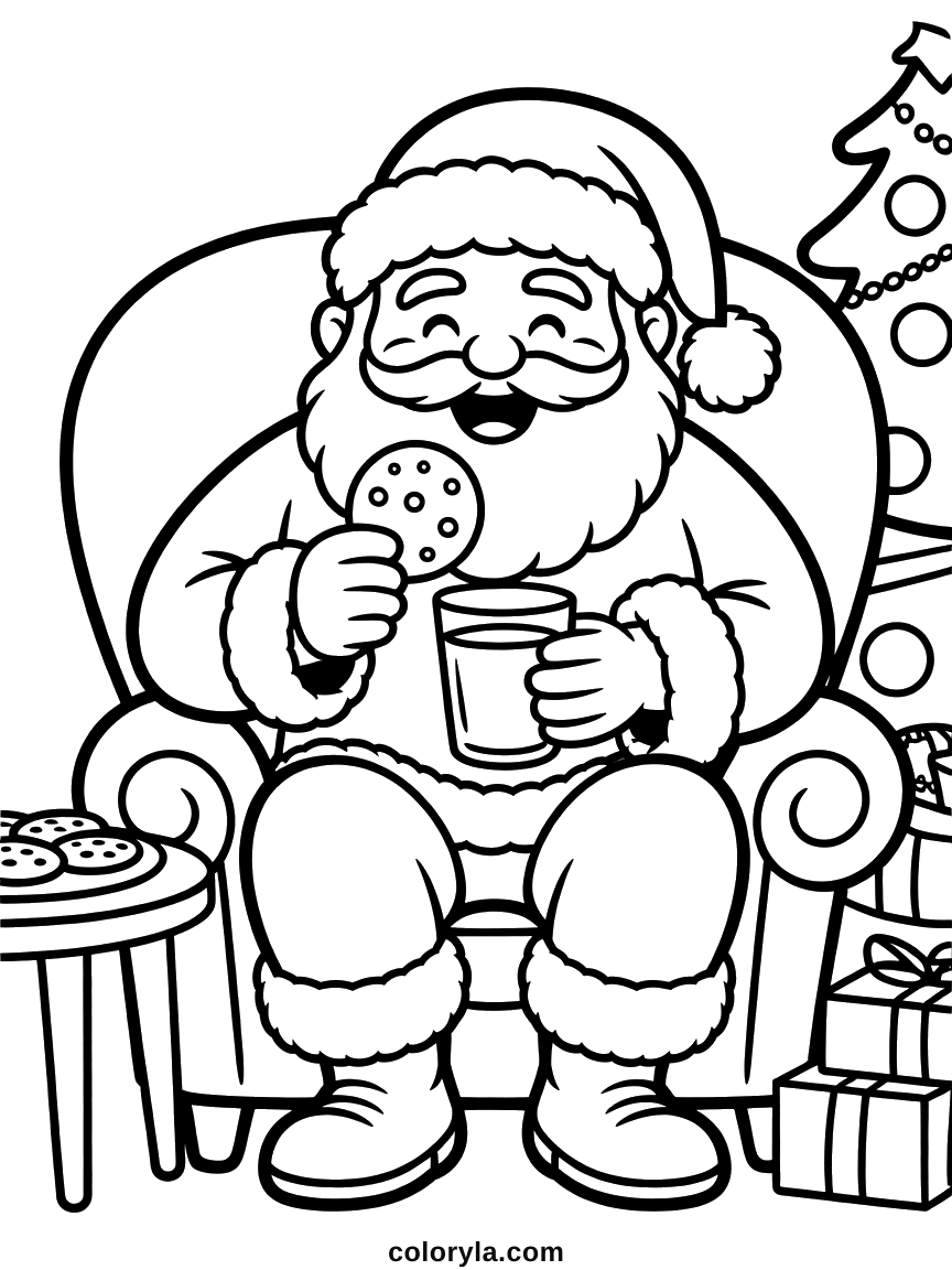 Santa sitting back in an armchair with a cookie and a mug of milk, a plate on the side table, free Christmas coloring page in A4.