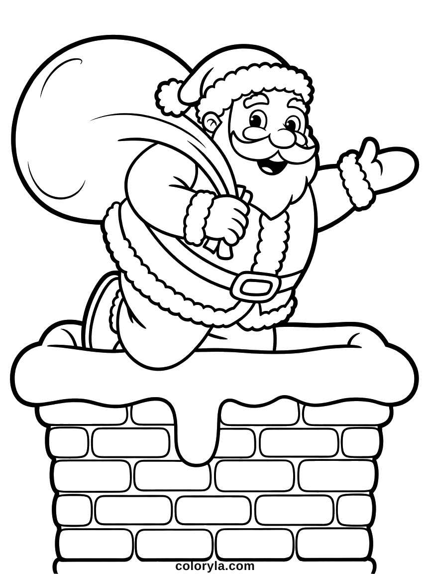 Santa perched on top of a brick chimney with his sack over one shoulder, a Christmas coloring page free to print in A4.