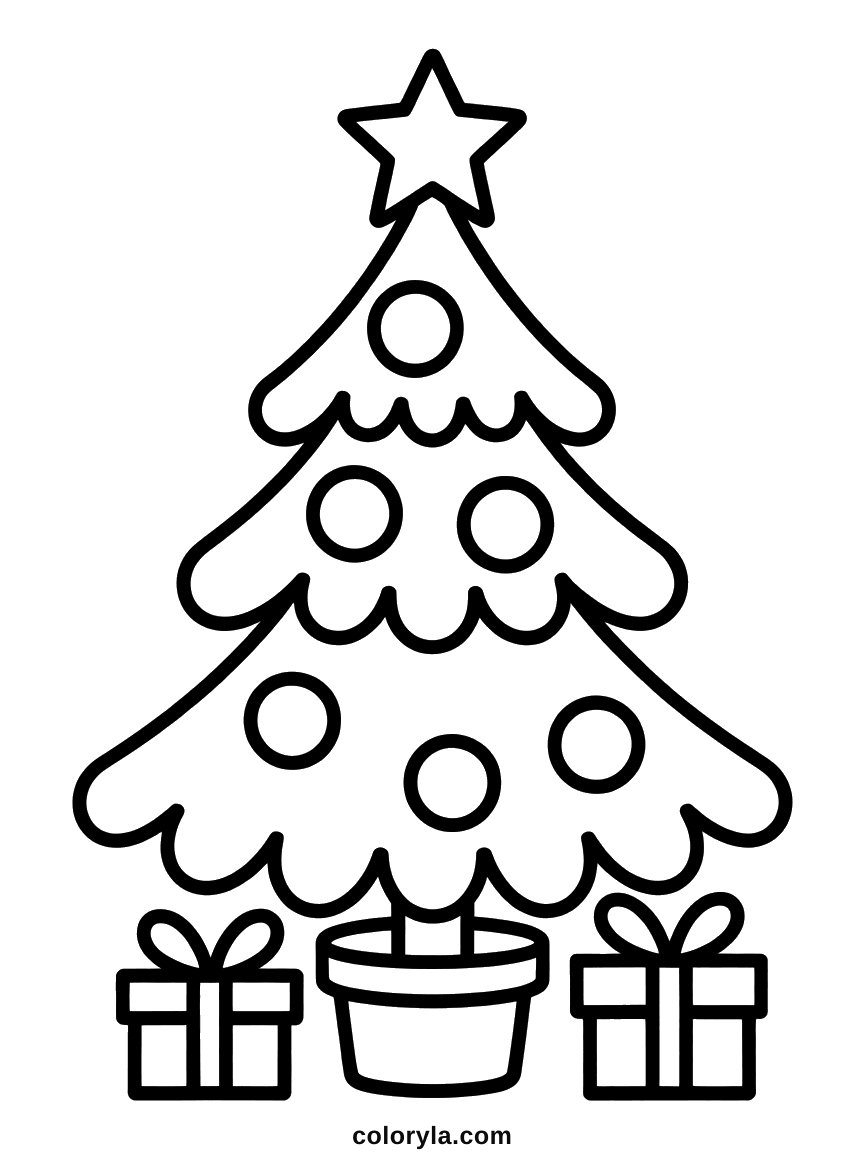 A Christmas tree in very thick outlines with round baubles and three gift boxes below, an easy coloring page free to print in A4.