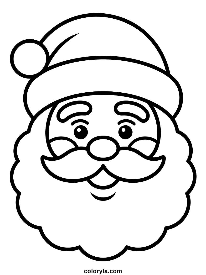 A big smiling Santa face with a pompom hat and a curling beard drawn in thick lines, an easy Christmas coloring page free in A4.