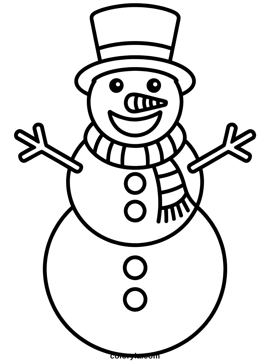 A snowman in a top hat and scarf with twig arms, buttons and a carrot nose, a free winter coloring page to print in A4.
