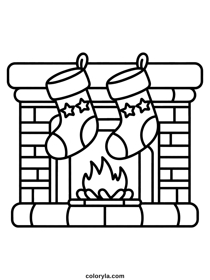 Three Christmas stockings hung on a brick fireplace with a lit fire and a garland above, free coloring page to print in A4.