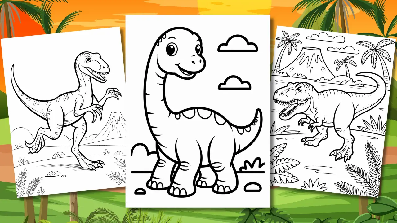 The dinosaur coloring pages cover: T-Rex, triceratops and long-necks gathered on one printable sheet.