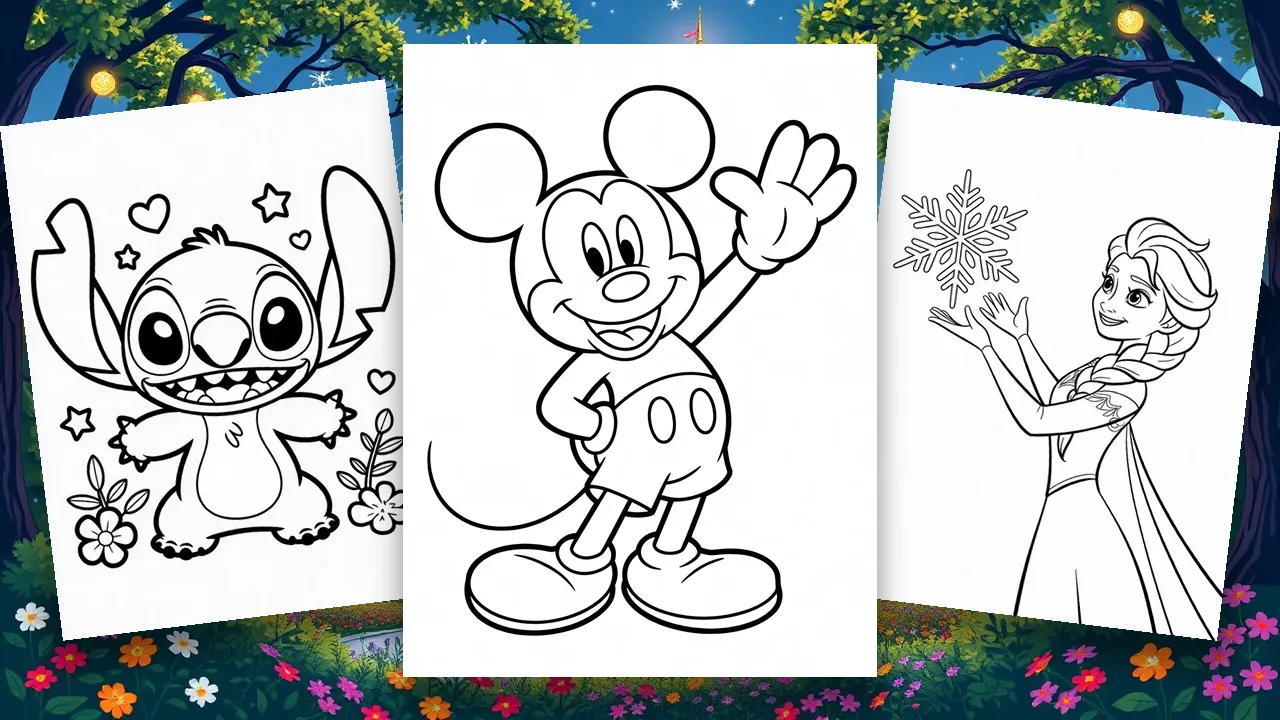 The Disney coloring pages cover: a castle with its towers and flags on one free printable sheet.