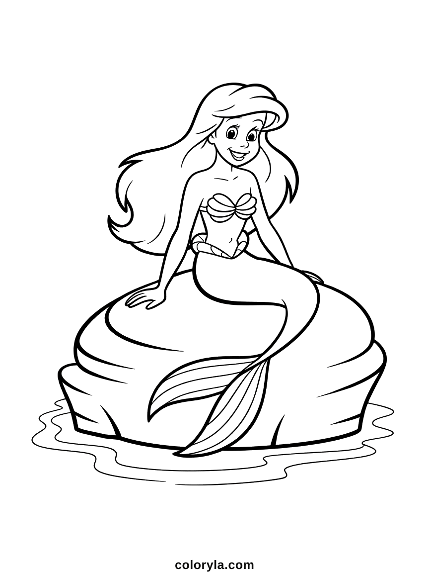 Ariel sitting on a rock above the water with her hair swept back and her tail curled down, free coloring page in A4.