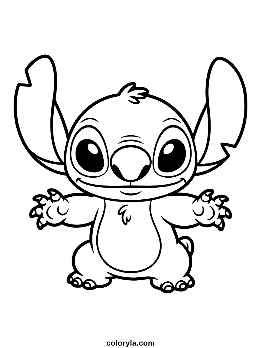 Baby Stitch sitting up with arms spread wide, ears raised and claws out on round paws, free coloring page in A4.