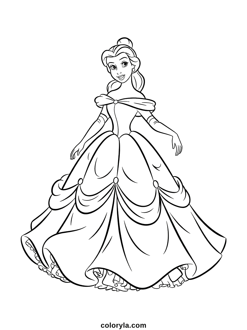 Belle in a ball gown with a gathered skirt and ruffled hem, hair pinned up and long gloves, free coloring page in A4.