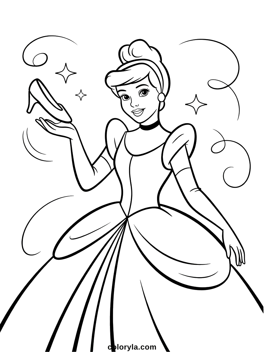 Cinderella holding a glass slipper on her open palm with sparkles drifting behind her, free coloring page in A4.