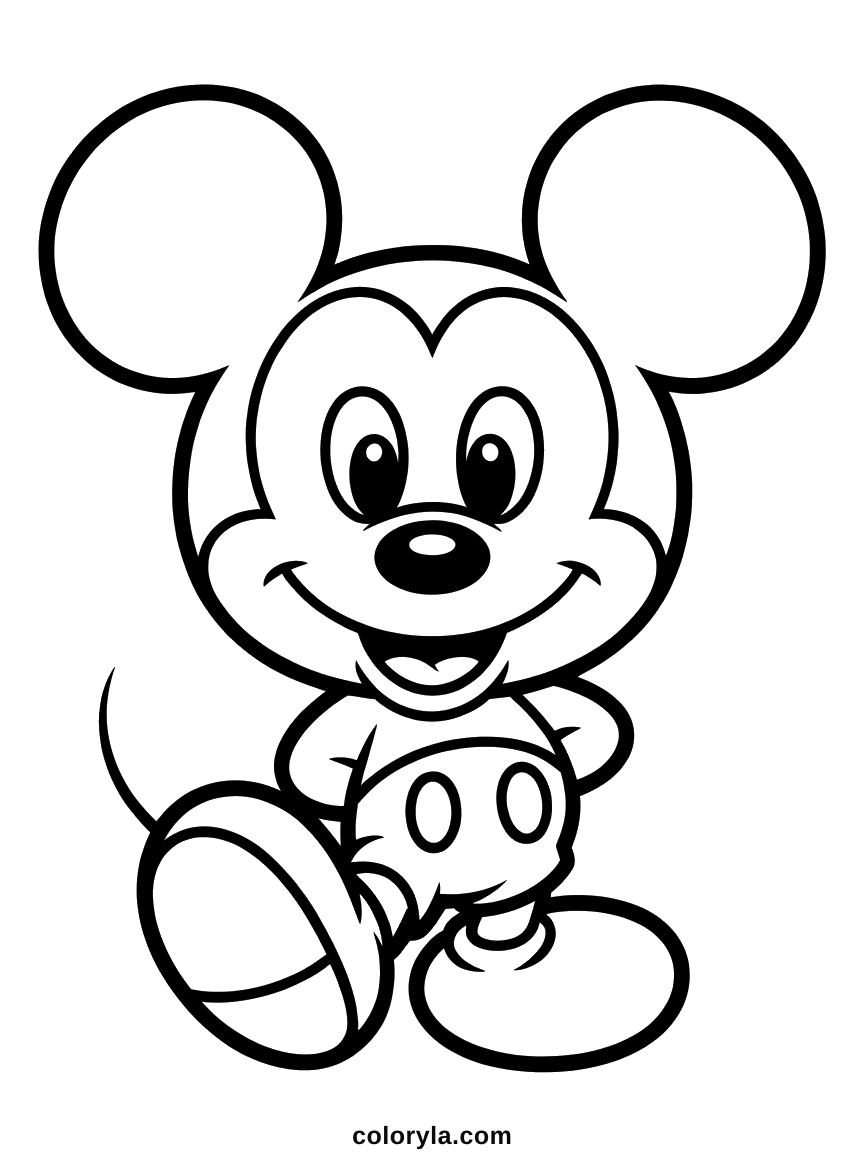 A kawaii Mickey Mouse drawn small and round with big shining eyes and oversized shoes, free coloring page in A4.