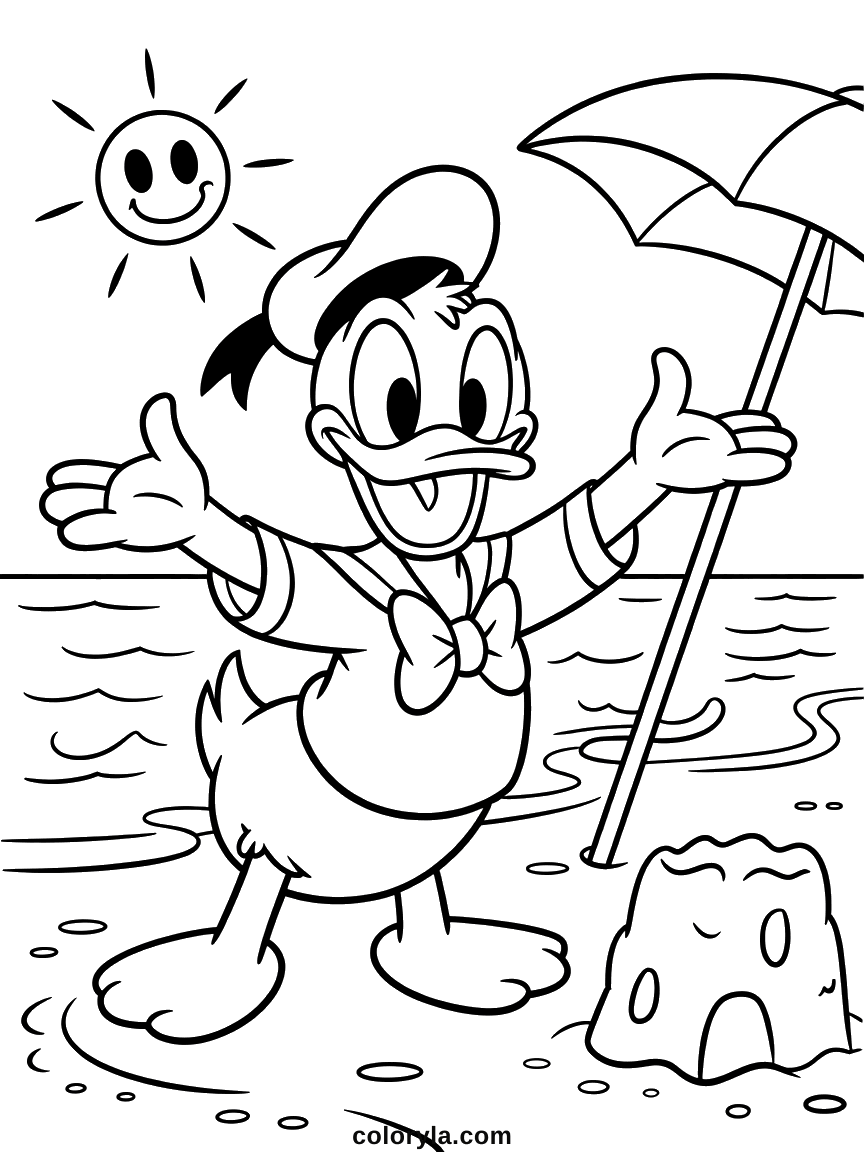 Donald Duck at the water's edge holding a parasol with a sandcastle beside him, free coloring page in A4.