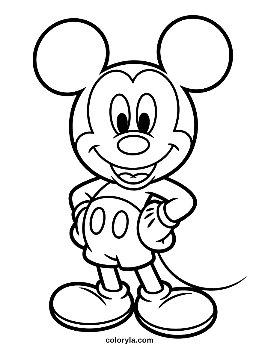 An easy Mickey Mouse for toddlers standing with a hand on his hip, drawn in wide shapes, free coloring page in A4.