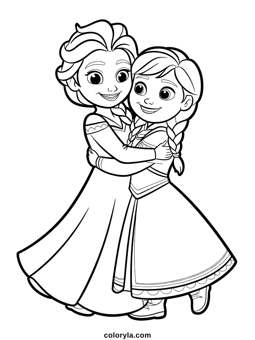 Elsa and Anna with their arms around each other, two braids and two patterned dresses, free coloring page in A4.