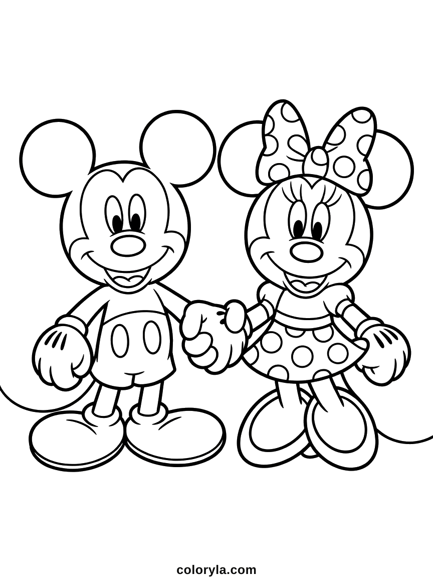 Mickey and Minnie side by side with their gloved hands joined, her dress covered in dots, free coloring page in A4.