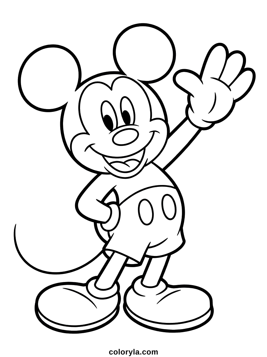 Mickey Mouse waving one gloved hand with the other on his hip, two round ears behind him, free coloring page in A4.