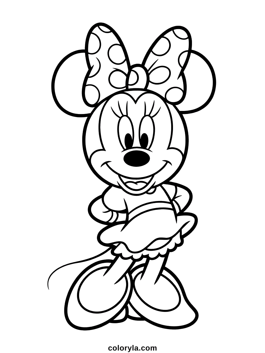Minnie Mouse under an enormous polka dot bow with her hands held in front and a scalloped skirt, free coloring page in A4.