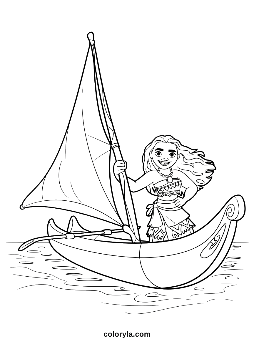 Moana standing on a canoe holding the mast with the sail open and the sea rippling below, free coloring page in A4.