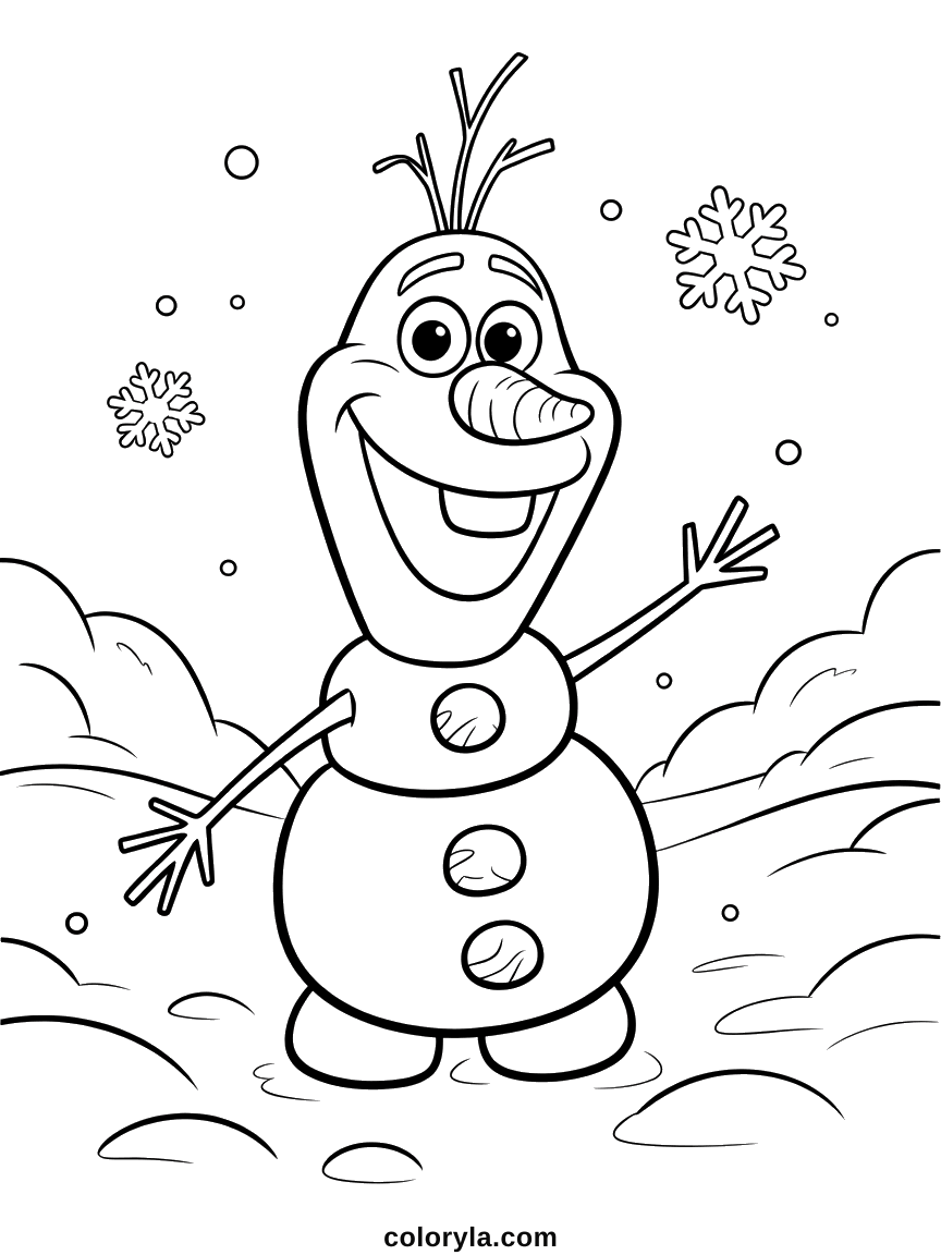 Olaf in the snow with both stick arms thrown wide, a carrot nose and snowflakes falling, free coloring page in A4.