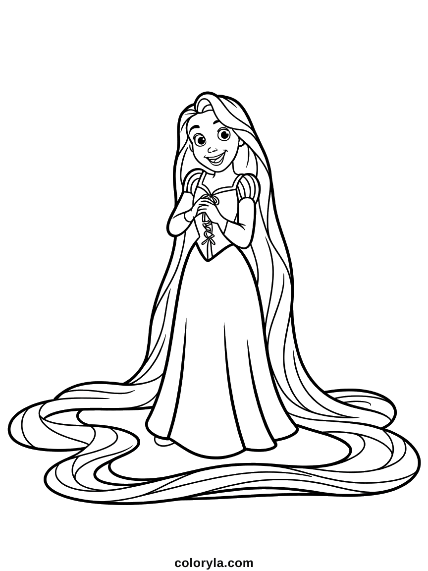 Rapunzel standing with her hair looping across the floor in long coils and a flower above her ear, free coloring page in A4.