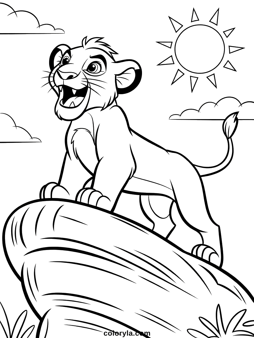 Simba standing on a jutting rock with his mouth open in a roar, a wide sun behind him, free coloring page in A4.