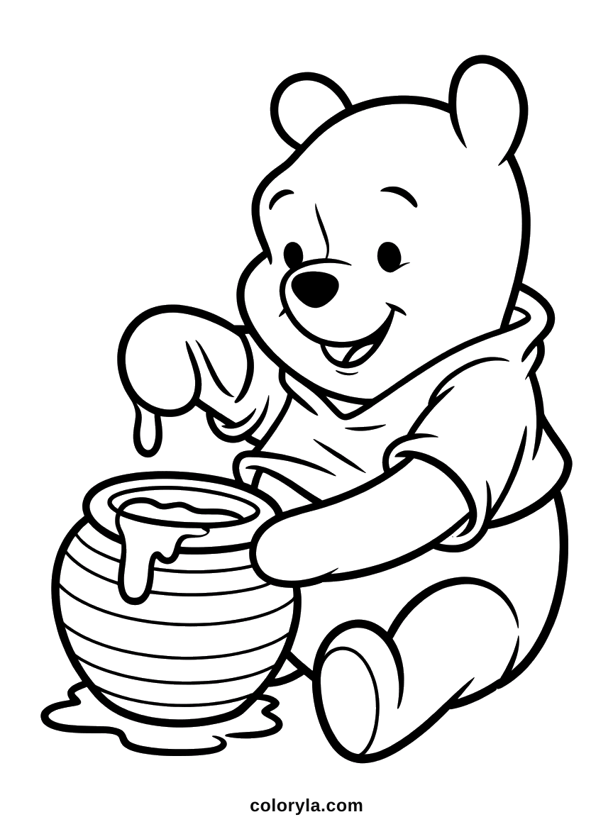 Winnie the Pooh sitting with a honey pot in his lap and honey running off one paw, free coloring page in A4.