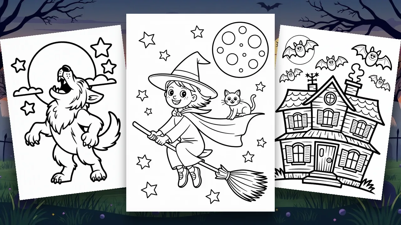 The Halloween coloring pages cover: pumpkins, ghosts and witches gathered on one free printable sheet.