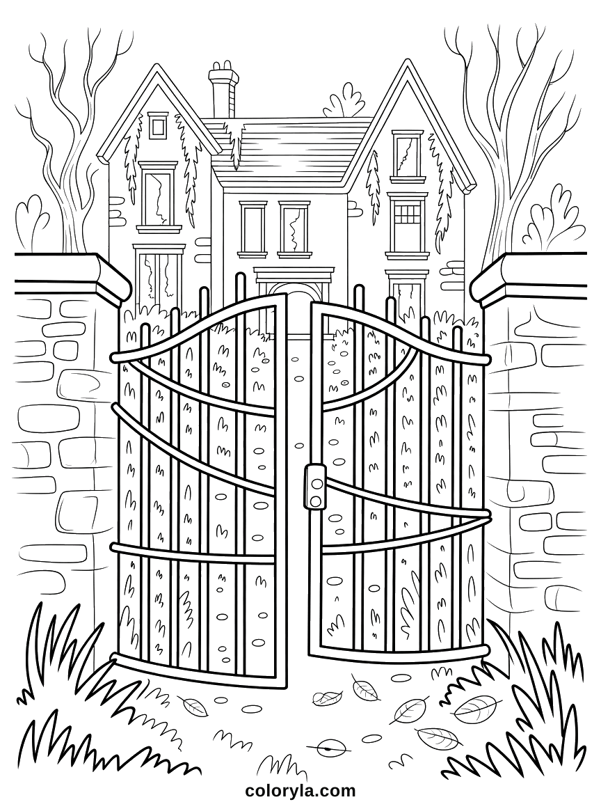 Scary Halloween coloring page for adults: an abandoned manor seen through a broken iron gate, free on A4.