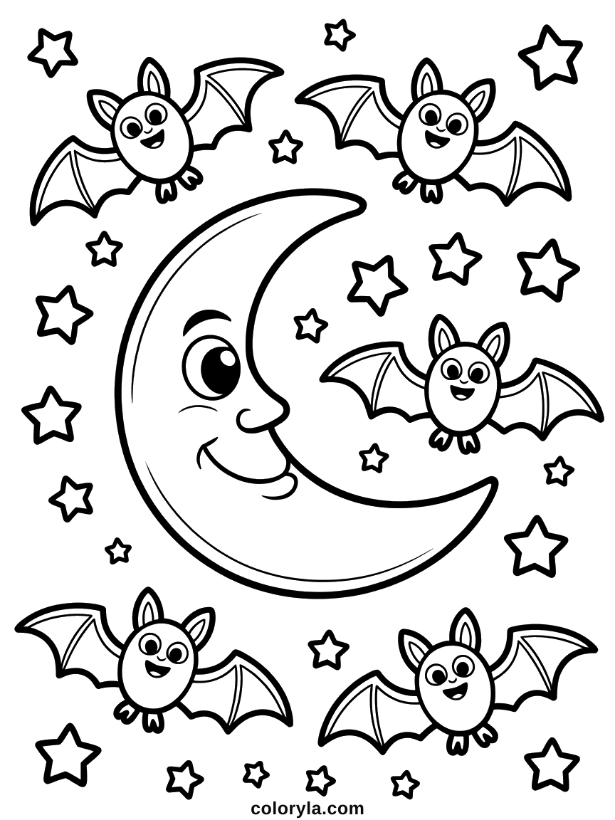 A smiling crescent moon with bats and stars across the sky: a free kawaii Halloween coloring page on A4.