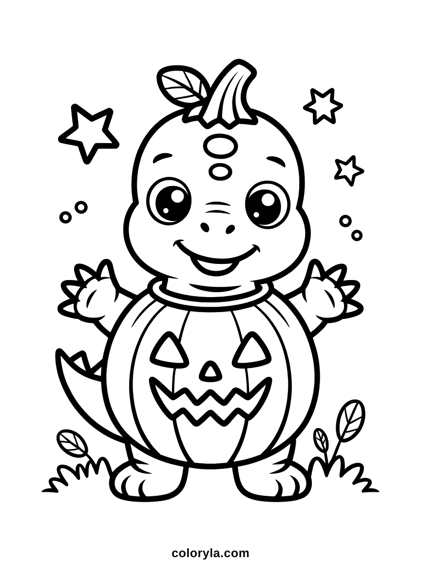 A baby dinosaur grinning out of a pumpkin costume, a cute and easy free Halloween coloring page on A4.