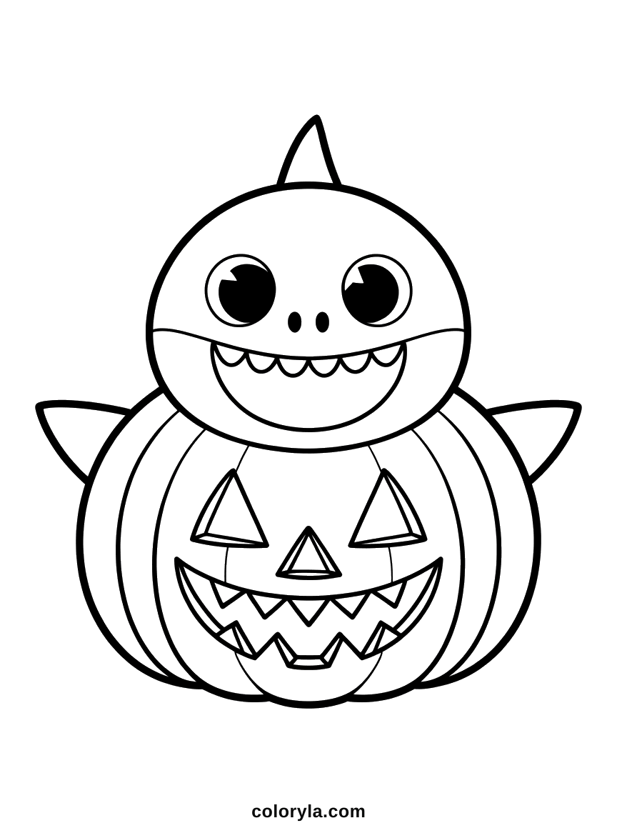 Baby Shark in a pumpkin costume, both of them showing their teeth. Free Halloween coloring page on A4.